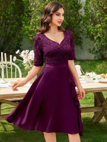 MIUSOL Elegant Maroon Sweetheart Neck Floral Lace A-Line Cocktail Swing Dress, Half Sleeves, Flowing Ruffle Trim Hem, For Wedding Guest, Prom, Evening Party - 紫紅色 - 查看 6
