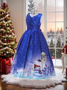Vestido elegante de satén con estampado de copos de nieve, renos y muñecos de nieve para niñas preadolescentes, adecuado para reuniones familiares y fiestas. El patrón del vestido se corta al azar y la dirección no está fija. No incluye diadema.