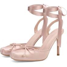 FancyQueen Ballet Heels For Women Stiletto Slingback Heels Satin Strappy Bow Square Toe High Heel Pumps Lace Up Mary Janes Elegant Party ShoesChristmas - 粉色 - 查看 1