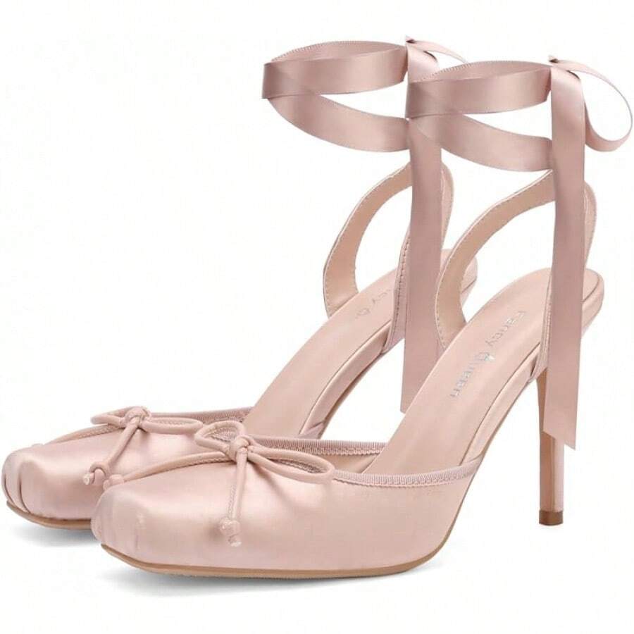 FancyQueen Ballet Heels For Women Stiletto Slingback Heels Satin Strappy Bow Square Toe High Heel Pumps Lace Up Mary Janes Elegant Party ShoesChristmas - 粉色 - 查看 1
