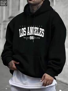 Men's Heavyweight Hoodie - Black Pullover Sweatshirt With Los Angeles Graphic Print, Relaxed Fit Big & Tall Sizes, All-Season Casual Streetwear For Everyday & Special Occasions, Urban Fashion, Bold Print Design, Quality Stitching, Hooded Sweater, Street Style Lovers, PLUS SIZE - màu đen - Xem 2