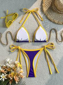 Bộ bikini buộc dây phía sau phối màu thanh lịch dành cho nữ, chất liệu bóng, kiểu dáng hở lưng, thích hợp cho kỳ nghỉ hè. - Nhiều màu - Xem 6