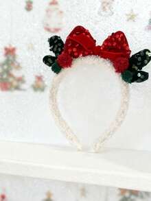 1pc Girls' Holiday Outfit Christmas Headwear Velvet Red Sequin Bow Headband Cute Reindeer Antler Hairband Hair Accessory, Suitable For Holiday Parties, Stage Performances, And Christmas Photos