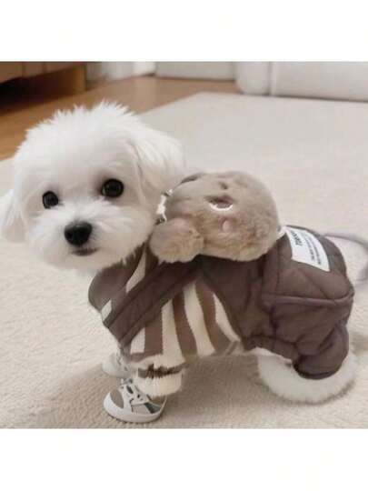 1 Stück Herbst/Winter warme thermisch gefütterte gestreifte Latzhose, Haustierbekleidung, dick weiches gepolstertes Hundemantel, Teddy/Panda Welpen Outfit, hält durch den Winter warm