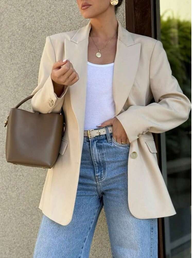 Women's Fashionable & Elegant Button Notched Collar Casual Blazer Jacket, Suitable For Commuting And Everyday Casual Wear Spring - Beige - View 4