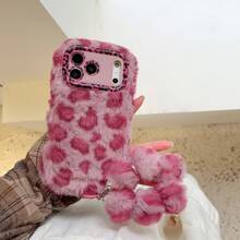 Autumn/Winter Fuzzy Leopard Print Wristlet Phone Case - With Lens Stand Design - Compatible With Apple 17/16/15/14/13/12/11, S25U/S24U/S23U/A05S/A56/A17 Leopard Fuzzy Wristlet Lens Stand