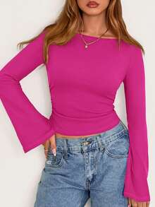 Fall New Arrival Women's Long-Sleeve Top Crop-Top Style Casual Outerwear Boat Neck With Bell Sleeves Ribbed Pleated Design Millennial-Inspired Fashion - Màu Hồng Tươi - Xem 6