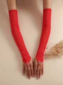 1 Pair Solid Color Long Sheer Breathable Elegant Fingerless Rhinestone Mesh Gloves - Black - View 3