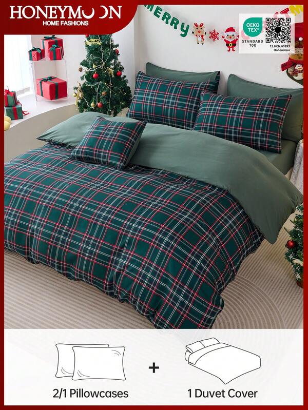 2/3 piezas Juego de funda nórdica estampada a cuadros verdes de Navidad (1 funda nórdica + 1/2 funda de almohada, sin relleno), funda de cama decorativa de Navidad elegante para dormitorio y dormitorio, certificado Oeko-Tex