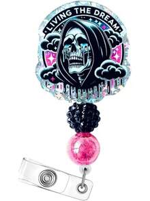 Funny Halloween Badge Reel Retractable ID Name Holder Clip Fun Spooky Ghost Skull Grim Reaper Radiology Skeleton Sarcastic Life Nursing Gifts Accessories - Sống trong giấc mơ_ - Xem 1