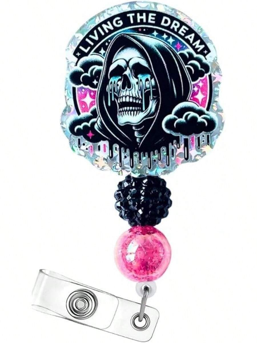 Funny Halloween Badge Reel Retractable ID Name Holder Clip Fun Spooky Ghost Skull Grim Reaper Radiology Skeleton Sarcastic Life Nursing Gifts Accessories - Sống trong giấc mơ_ - Xem 1