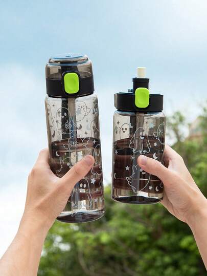 1PC 550ml/750ml Halloween Cute Ghost Pattern Transparent Water Bottle, Bouncing Lid With Handle, Portable, High Temperature Resistant And Drop Proof, Suitable For Outdoor Travel, Camping And Picnicking, Daily Hydration, Halloween Party Supplies
