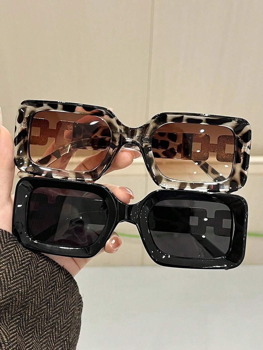 2pcs Women Cheetah Print Black Square Plastic Full Frame Tinted Lens Personalized Spicy Street Style Hot Girl Style Fashion Glasses For Street-Photography, Partywear, Vacay Vibes, Outdoor Casual Activities Accessories