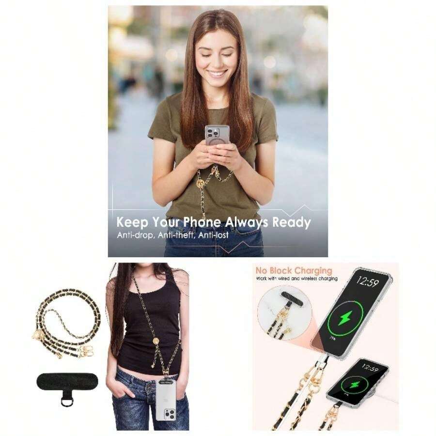 Universal Phone Lanyard, Adjustable Metal Cell Phone Chain Crossbody Strap Anti - Theft Detachable Women Cellphone Lanyards Around Neck with Patches, Most Smartphones, Black - inicial - Ver 1