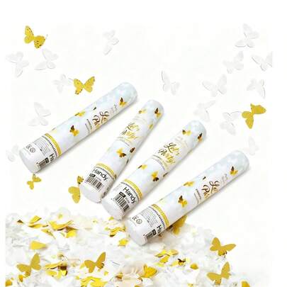 Cañones de Confeti con Mariposas Blancas y Doradas de Papel, Lanzapétalos Manual para Bodas, Cumpleaños, Aniversarios y Fiestas, Efecto Romántico y Elegante para Eventos Especiales