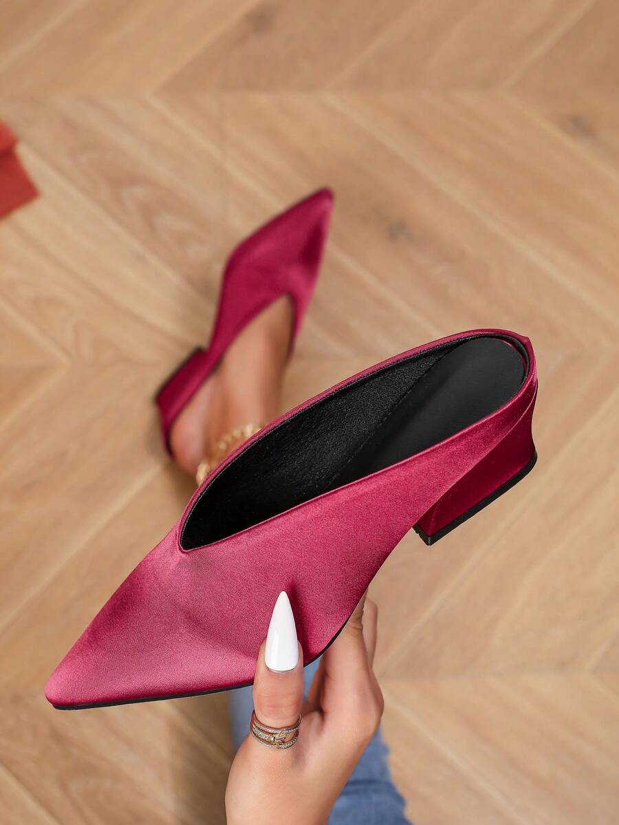 Mules à bout pointu, talon épais, talon moyen, polyvalentes, élégantes, confortables pour soirée, travail, tenue décontractée, bordeaux - Rouge foncé - Voir 1