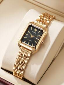 1 件女士优雅不锈钢表带方形表盘模拟石英奢华手表，经典款（不含表盒） - 金色 - 查看 9