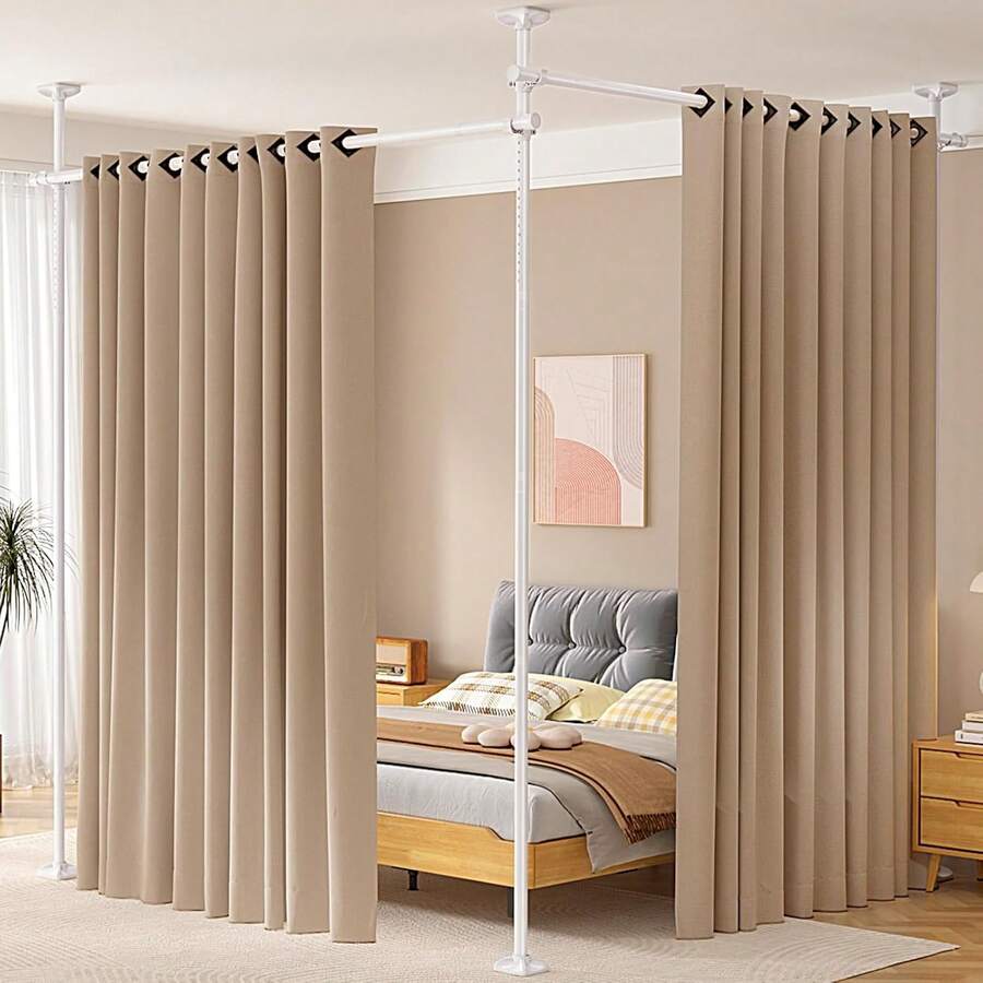 Room Divider No Drilling Curtain Rod Wall Divider For Room Separation, 4-10ft(H) 28-114inch(W) Adjustable, Heavy Duty Partition Space Separator Freestanding Tension Curtain Stand, White,23023577 - White - View 1
