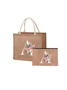 Mini Floral & Letter Print Linen Tote Bag, Women's Fashion Shopping Bag/Handbag/Grocery Bag, Teacher's Portable Tote Bag, Ideal Shopping Tote/Lunch Bag - Khaki - View 46