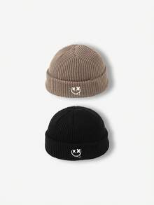 1 pieza Gorro de punto de unicolor con bordado de cara de fantasma versátil, adecuado para mantener el calor en otoño/invierno y uso diario de ropa de invierno para hombres - cara sonriente divertida - Ver 26