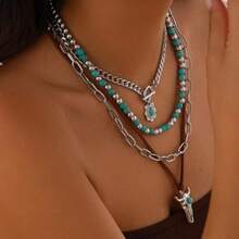 Hclian Western Necklaces Boho Layered Charm Necklace For Women Turquoise Beaded Choker Oxhead Pendant Necklace Western Jewelry For Women Cowgirl Accessories Large Brass No Gemstone