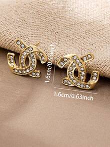 1 Pair Minimalist Rhinestone Decor Stud Earring For Women, Interlock Letters Earrings Basic Jewelry Design For Daily Wear, Gift For Her