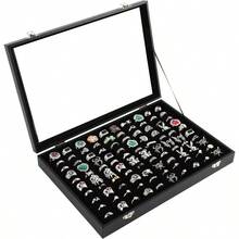 Pengup 100 Slots Ring Case Organizer Display BoxRings Holder Storage Boxes For Jewelry Showcase With Glass Lid Black Velvet .