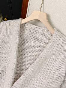 Áo khoác cardigan dáng rộng hở trước màu trơn thanh lịch dành cho nữ, vai trễ và tay bồng, áo khoác len dệt kim polyester có gân, thích hợp mặc hàng ngày và hẹn hò vào mùa thu/đông - Màu xám bạc - Xem 5