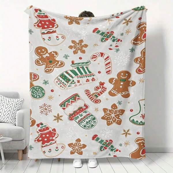 1 szt. flanelowy koc z piernikami i laską cukrową – miękki i przytulny narzuta całoroczna, na sofę, koc podróżny – świąteczny dodatek do pościeli, z wzorem pierników i laski cukrowej, ciepły koc