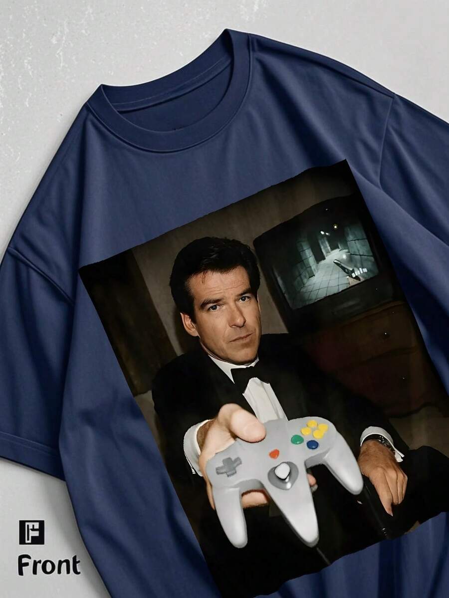 Cotton Men's T-Shirts, Retro Gaming T-Shirts, Vintage Video Game Shirts, N64, 007 James Bond, Play, Graphic T-Shirts, Fan Gifts, Casual Hip-Hop Fashion, Street Style Men's Clothing, Millennial Men's Crew Neck Short-Sleeved Tops - Màu xanh hải quân - Xem 1