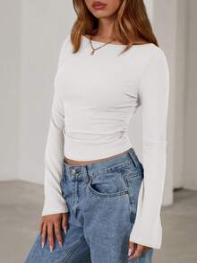 Fall New Arrival Women's Long-Sleeve Top Crop-Top Style Casual Outerwear Boat Neck With Bell Sleeves Ribbed Pleated Design Millennial-Inspired Fashion - 白色 - 查看 4