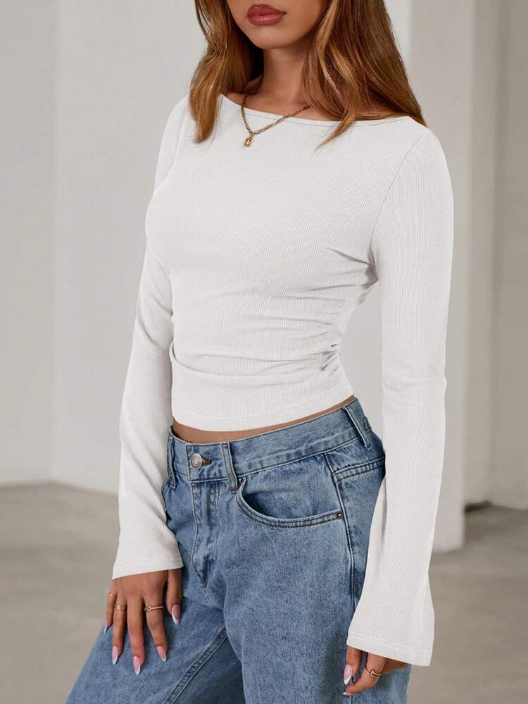 Fall New Arrival Women's Long-Sleeve Top Crop-Top Style Casual Outerwear Boat Neck With Bell Sleeves Ribbed Pleated Design Millennial-Inspired Fashion - 白色 - 查看 4