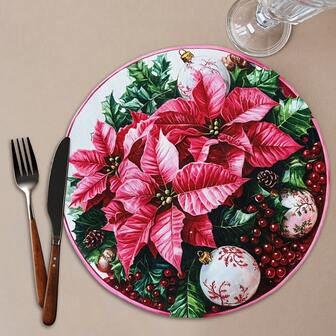 2 pezzi/4 pezzi/6 pezzi Tovagliette natalizie in poliestere, design classico a motivi floreali natalizi, tovagliette rotonde - tovagliette in poliestere per pranzo, cocktail, caffè/tè, adatte per nuova casa, regali, celebrazioni natalizie, decorazione cucina domestica