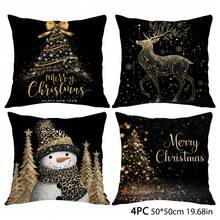MEMNUN 4 Stück Weihnachts Schwarz Gold Weihnachtsbaum Weihnachtsmann Rentier Fröhliche Weihnachten Text Muster Polyester Dekorative Kissenbezüge [Ohne Kissenfüllung], 45*45cm/50*50cm/40*40cm, [Einseitig Muster] Weihnachts Atmosphäre Dekokissenbezüge für Sofa, Bett, Wohnzimmer, Schlafzimmer, Auto, Büro, Hotel, geeignet für alle Jahreszeiten, Weihnachtsgeschenk für Familie und Freunde