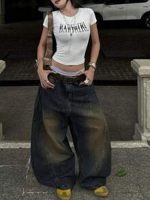 女士高腰阔腿牛仔裤 - 舒适休闲裤，宽松版型带口袋，修身设计 - 淺色水洗藍 - 查看 5