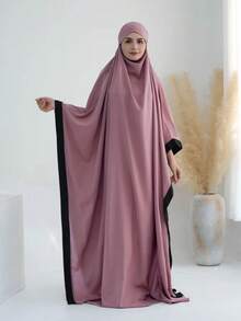 1pc New Elegant Nida Patchwork Trim Black Abaya Hijab, Loose Comfortable Conservative Tie-Up Convenient Headscarf, Suitable For Women's Daily Wear And Prayer - Multicolor - View 11