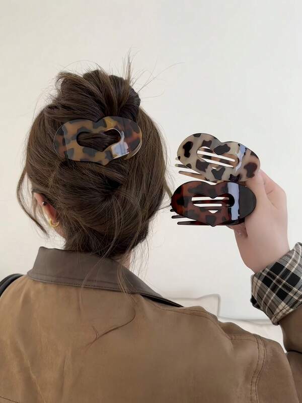 1pc Melard Coffee Color Series Hollow Heart Hair Clip For Women, 2025 Autumn And Winter Leopard Print New Style, Back Of Head Hairpin, Hair Claw, Half-Up Vintage Accessory For Girls, Hair Slide, Hair Barrettes