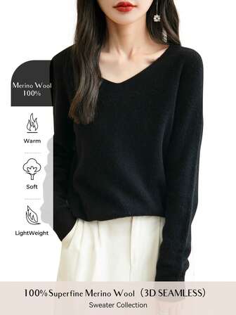 Women's 100% Merino Wool Sweater Autumn Winter Long Sleeve Women's V-Neck Sweater Warm Soft Knitted Pullover Top