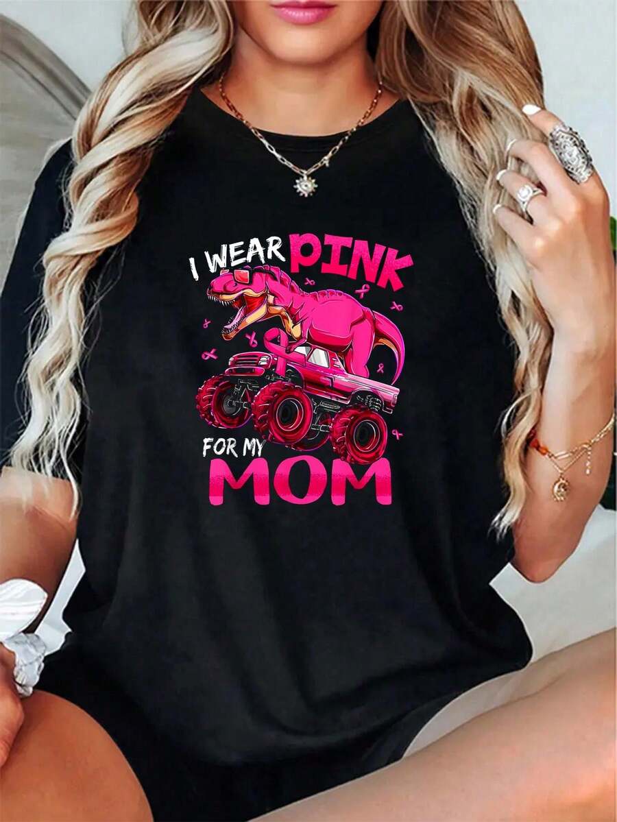 100% Algodón Unisex Yo uso rosa por mi mamá Concientización sobre el cáncer de mama Camiseta de dinosaurio para niños, camiseta de manga corta estampada de otoño e invierno - Negro - Ver 1