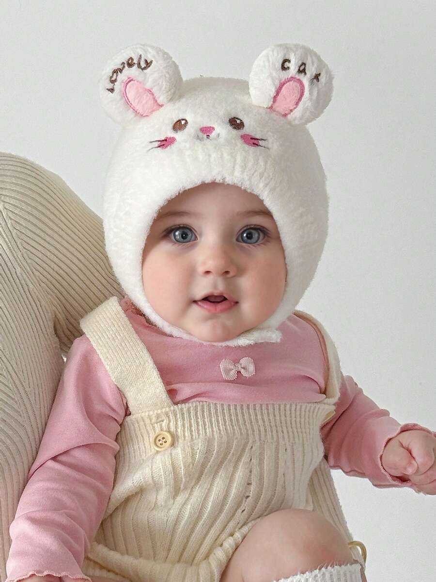 1 件婴儿可爱毛茸茸耳罩冬帽，刺绣字母和卡通动物图案，防风保暖毛绒耳罩帽 - 貓耳朵lovely cat - 查看 1
