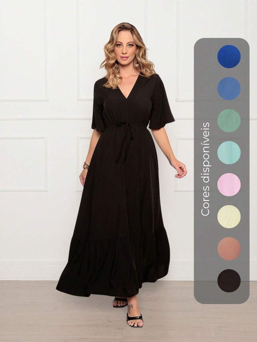 Women's Long Plain Dress With Elastic Waist And V-Neckline - Tắt - Xem 1