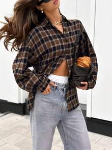 Casual Plaid Drop Shoulder Long Sleeve Shirt, Autumn - Coffee Brown - View 1
