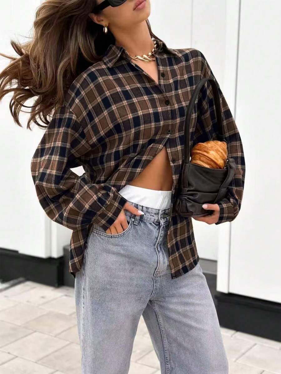 Casual Plaid Drop Shoulder Long Sleeve Shirt, Autumn - Coffee Brown - View 1