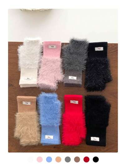 Fluffy Cute Half Finger Gloves For Women, Warm Thermal Lined, Touchscreen Capable, Windproof, Suitable For Cycling, Winter Thanksgiving Christmas Winter Holiday Outfit Women