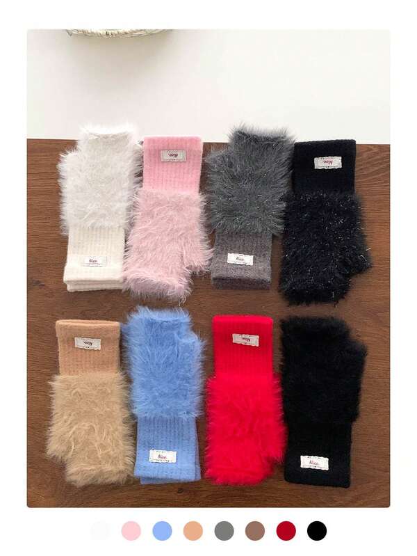 Fluffy Cute Half Finger Gloves For Women, Warm Thermal Lined, Touchscreen Capable, Windproof, Suitable For Cycling, Winter Thanksgiving Christmas Winter Holiday Outfit Women