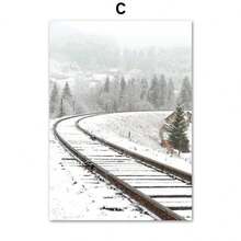 Pintura en lienzo de impresión minimalista de escena invernal con alces, árboles y campo para decoración del hogar y sala de estar - Multicolor - Ver 65