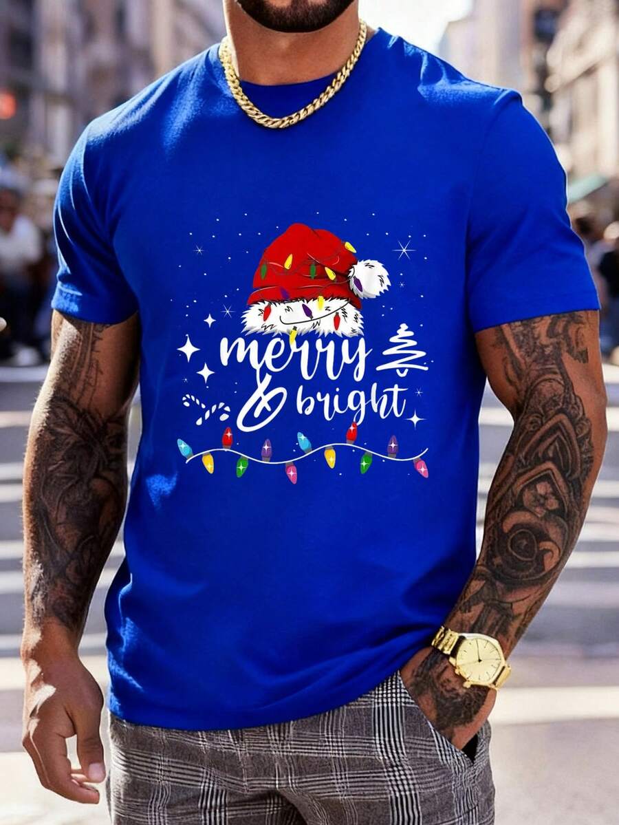 % Cotton Merry And Bright Lights Xmas Men Women Kids-Shirt Men's Women's Vintage Summer Vacation Tops Graphic Tee Graphic Tees Men Crop Tops Party Essential Couple Tee Outfits Men Party Essential Couple Tee Tops-Shirt - 藍色 - 查看 1