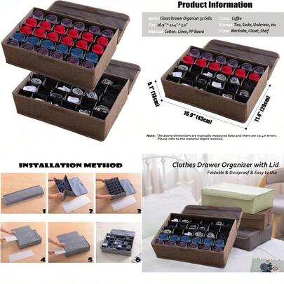 2 Packs Underwear Socks Ties Storage Organizer With Lids Foldable Closet Drawer Organizer 60 Cells Fabric Wardrobe Divider Storage Boxes For Scarves And Lingerie 30 Cell 2 Coffee