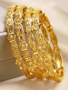 1pc Stacked 24K Gold Plated Heart & Four Leaf Clover Openable Bracelet, Popular Dubai & Europe Style, For Summer Wedding Season