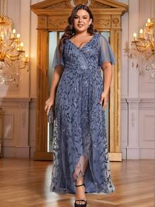 大码深V领亮片撞色开衩伴娘礼服、新娘母亲礼服、秋季婚礼宾客礼服、晚礼服 - 霧霾藍 - 查看 6